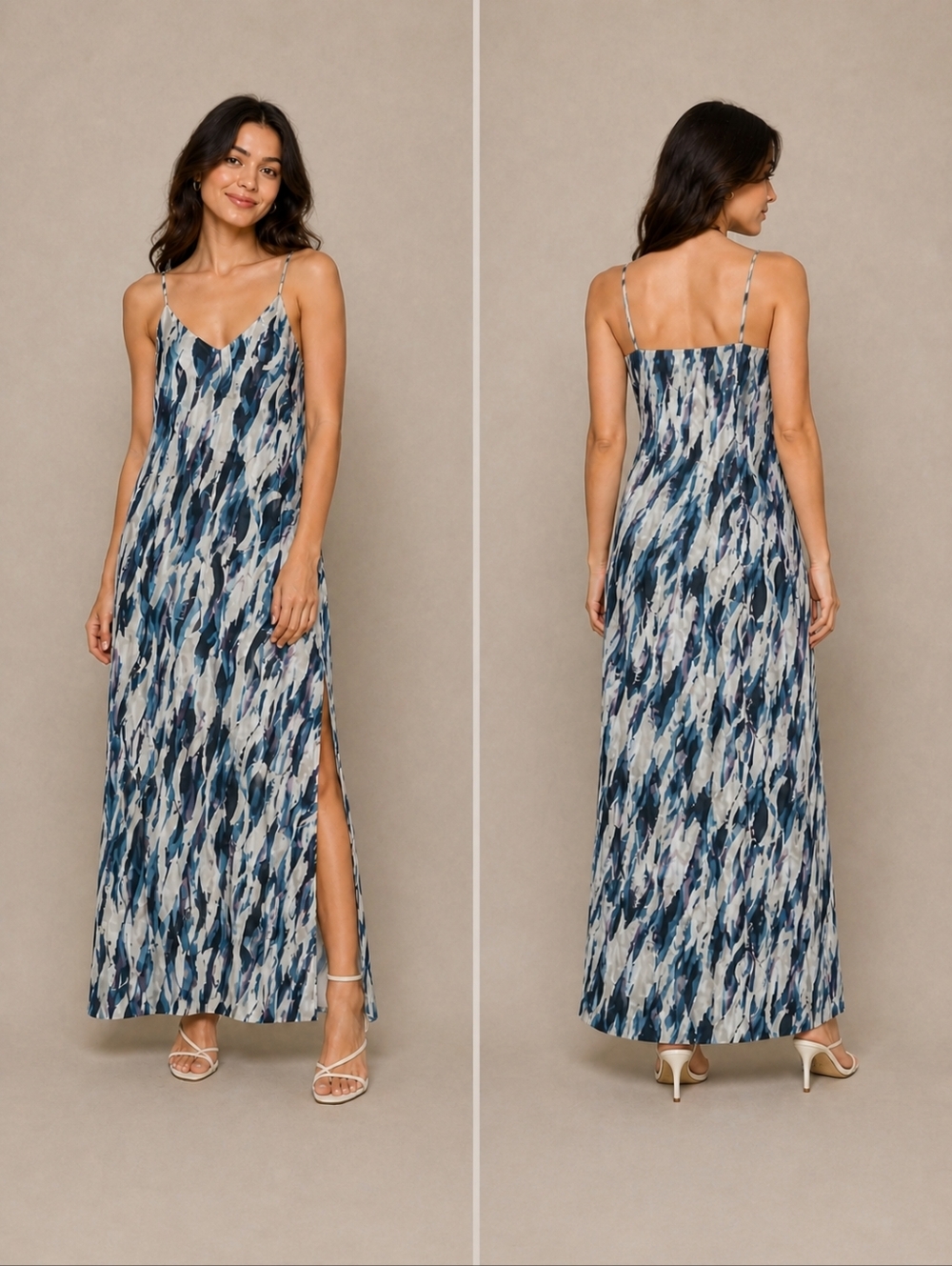 NWT H&M Pure Silk Abstract Print Slip Midi Dress Blue White Purple Size 8